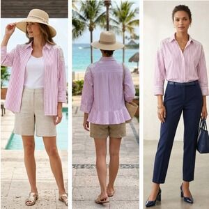 Coco Colette Striped Button Down Lace Pearl Peplum Hem Coastal Office Preppy SzS
